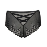 "Back view of Flat lay PrimaDonna Vya thong, featuring elegant black embroidery and scalloped mesh edges.