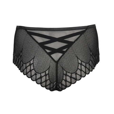 "Back view of Flat lay PrimaDonna Vya thong, featuring elegant black embroidery and scalloped mesh edges.