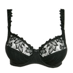 Front-facing image of the Deauville black lace bra styled with matching bottoms—The Foundation