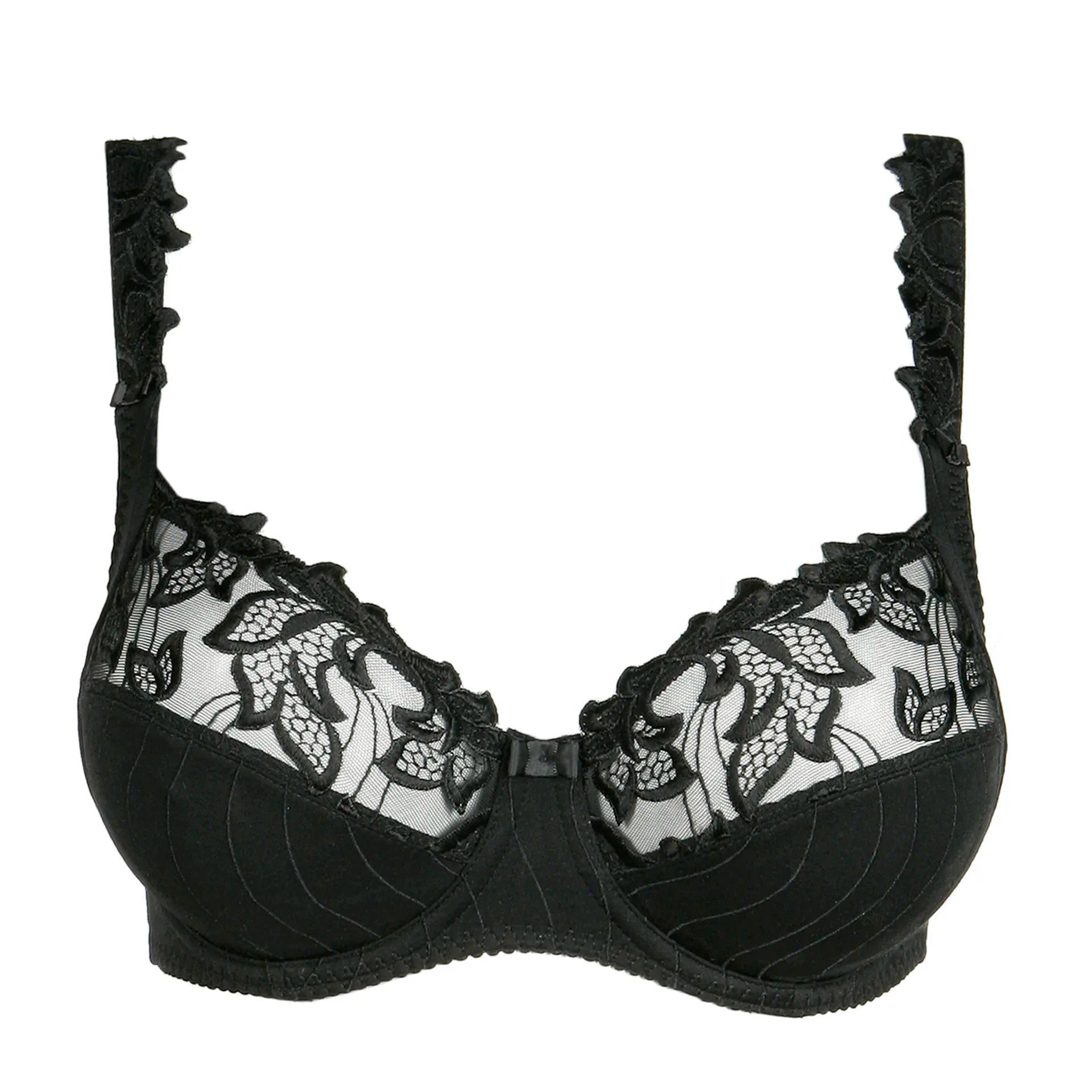Front-facing image of the Deauville black lace bra styled with matching bottoms—The Foundation