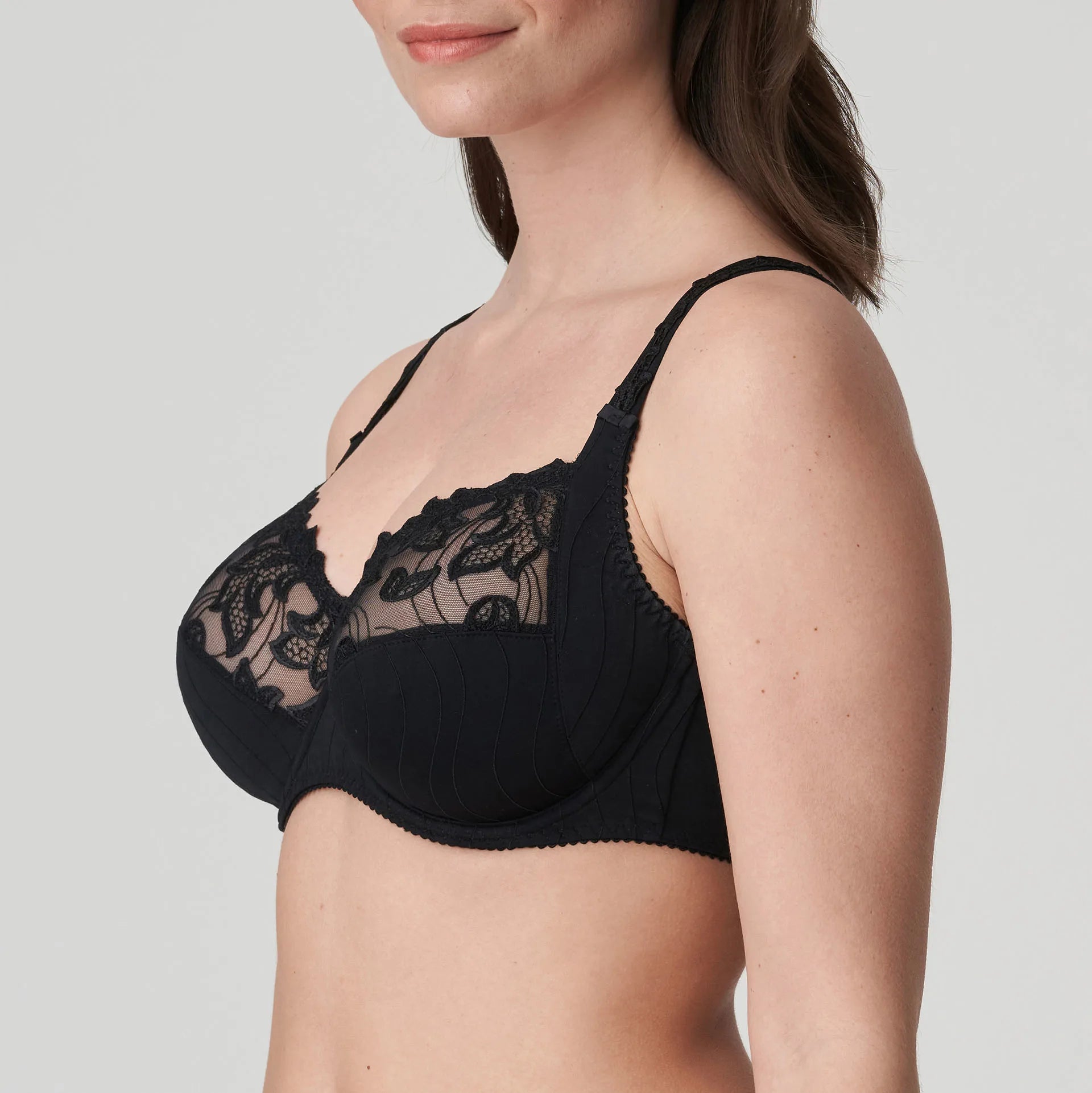 Side view of the Deauville Bra in Black showing supportive cup construction—The Foundation