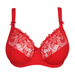 Product flatlay of the Deauville Full Cup Bra Scarlet from The Foundation, showcasing the lace embroidery and full cup structure.