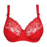 Product flatlay of the Deauville Full Cup Bra Scarlet from The Foundation, showcasing the lace embroidery and full cup structure.