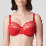 Front view of the Deauville Full Cup Bra in Scarlet from The Foundation, showing shimmery embroidery and deep supportive cups