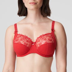 Front view of the Deauville Full Cup Bra in Scarlet from The Foundation, showing shimmery embroidery and deep supportive cups