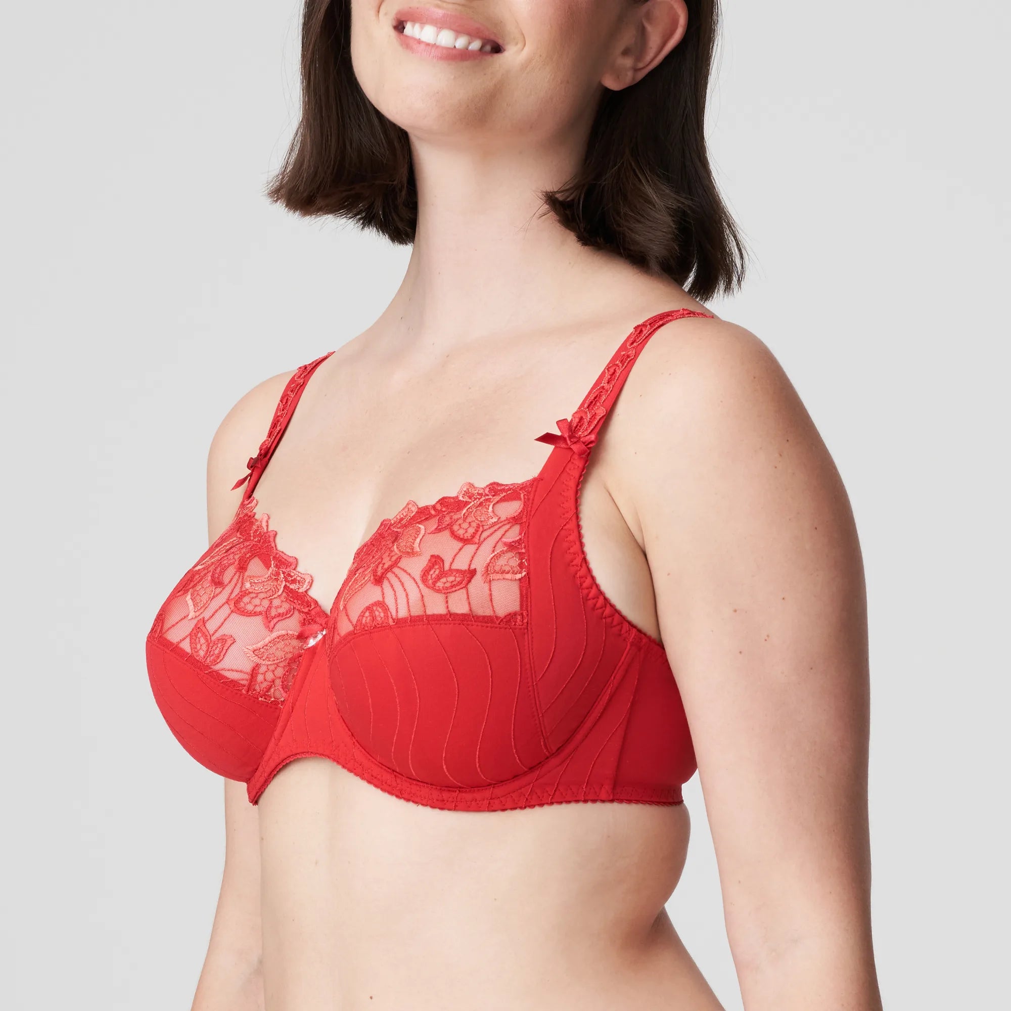  front view of the Deauville Full Cup Bra Scarlet from The Foundation, highlighting the lace detail and flattering fit.