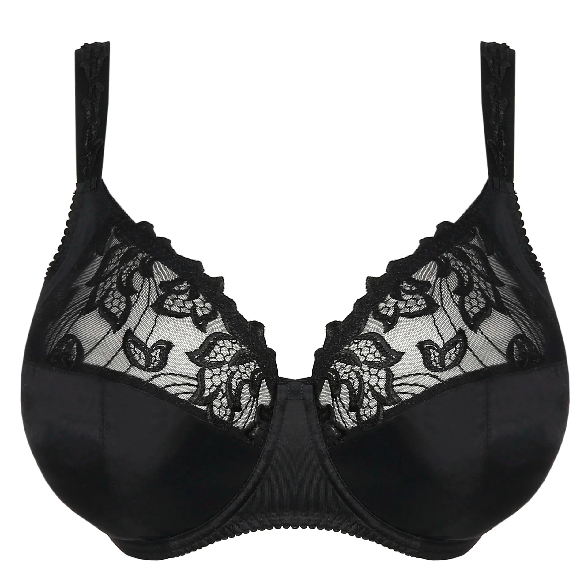 Product flatlay of Deauville Full Cup Bra Black from The Foundation, showing lace detail and full cup structure.