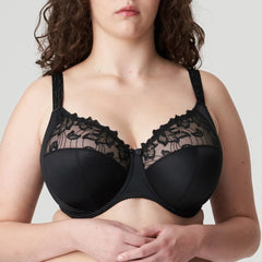 Front view of the Deauville Full Cup Bra Black from The Foundation, showcasing deep cups and delicate lace embroidery.