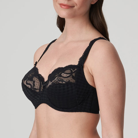 Side view of black Madison lace bra with deep cups—The Foundation