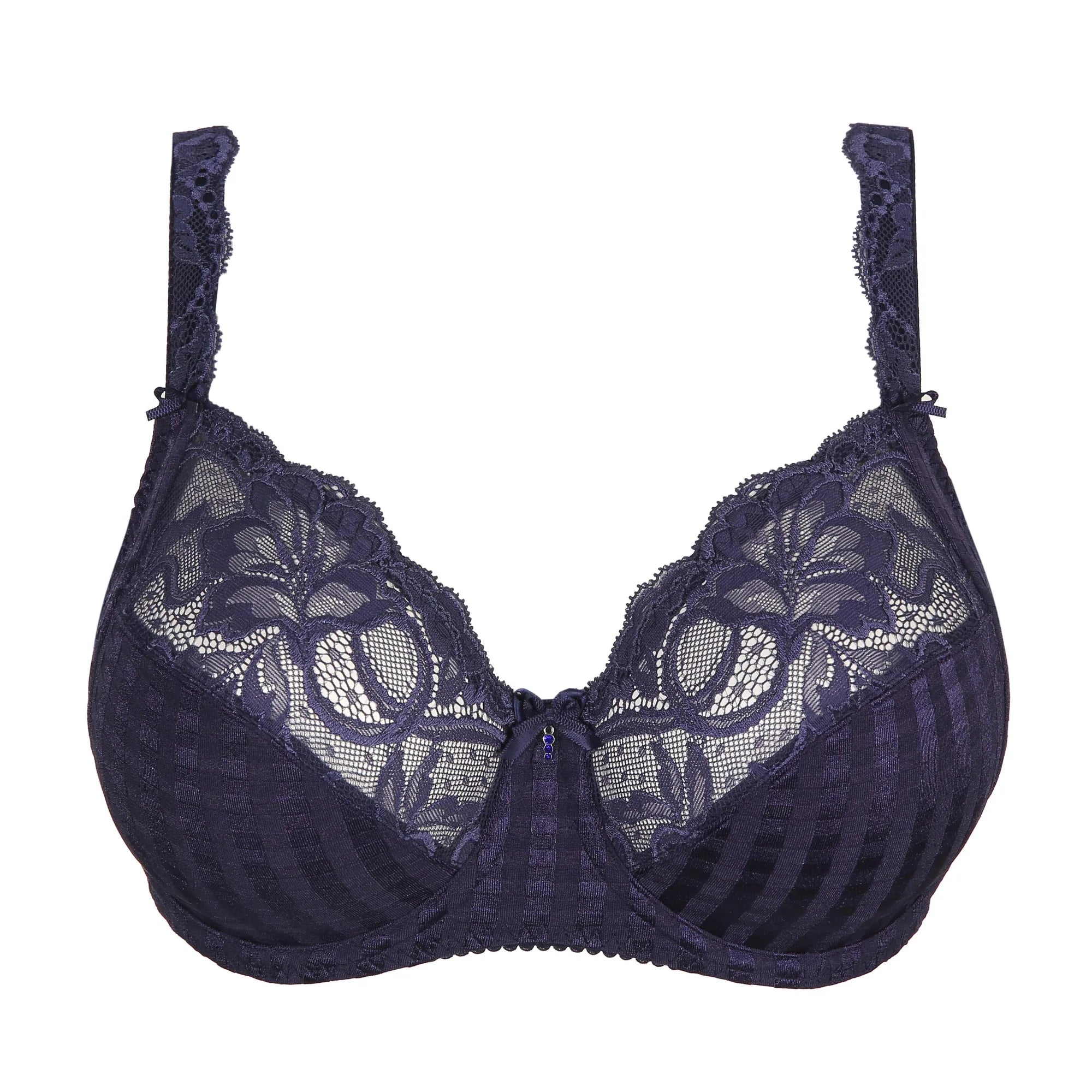 Front product shot of PrimaDonna Madison Full Cup Bra Blue Bijou with floral lace—The Foundation