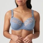 close up view of PrimaDonna Madison Full Cup Bra in Atlantic Blue with gingham pattern and lace—The Foundation