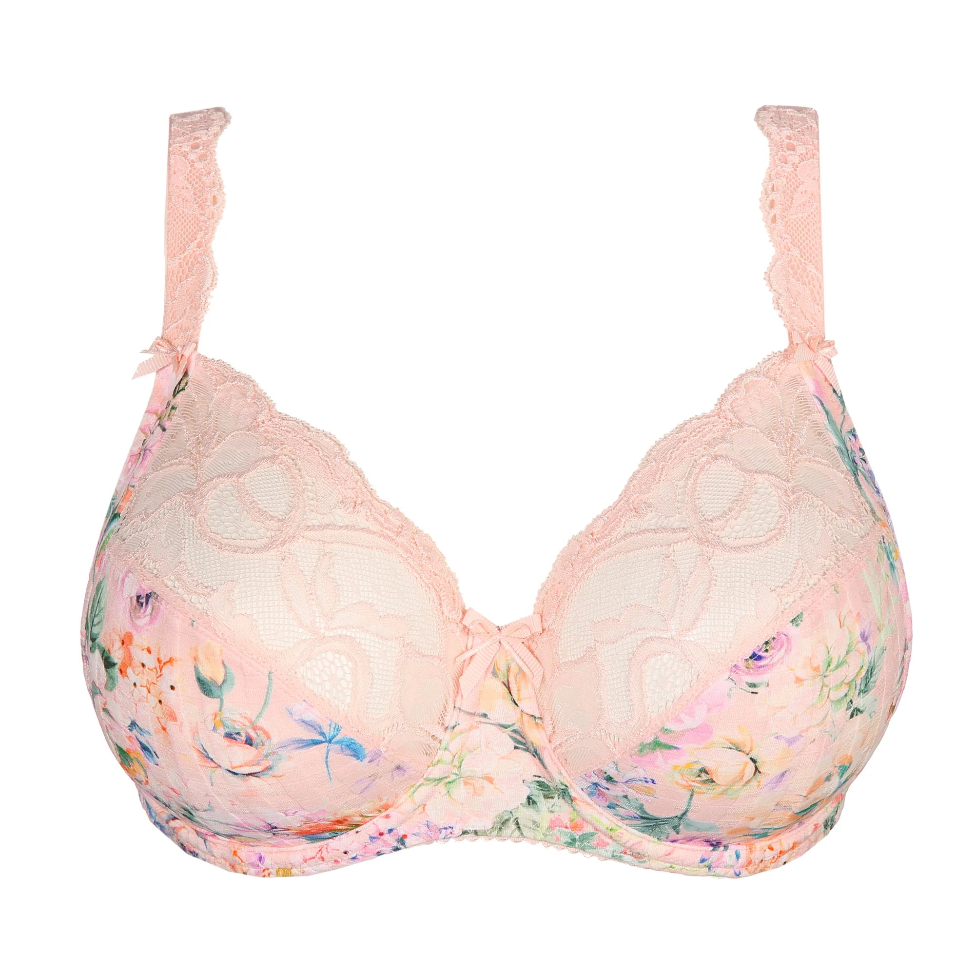 Flat lay of PrimaDonna Madison Bra in soft floral tones and gingham print—The Foundation