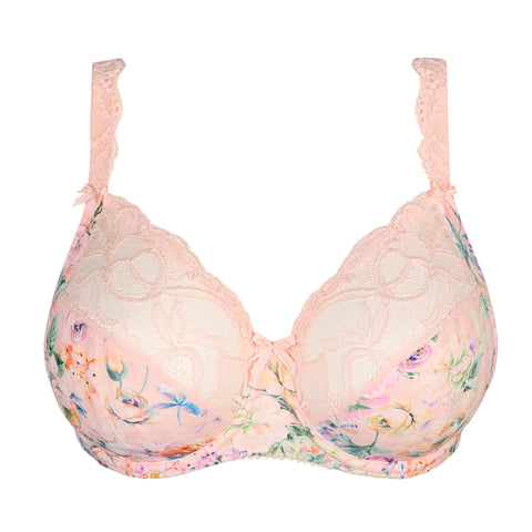 Flat lay of PrimaDonna Madison Bra in soft floral tones and gingham print—The Foundation