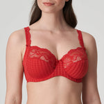 front view of Madison Full Cup Bra Scarlet shown on model with deep cups and gingham lace detail – The Foundation