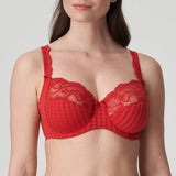 front view of Madison Full Cup Bra Scarlet shown on model with deep cups and gingham lace detail – The Foundation