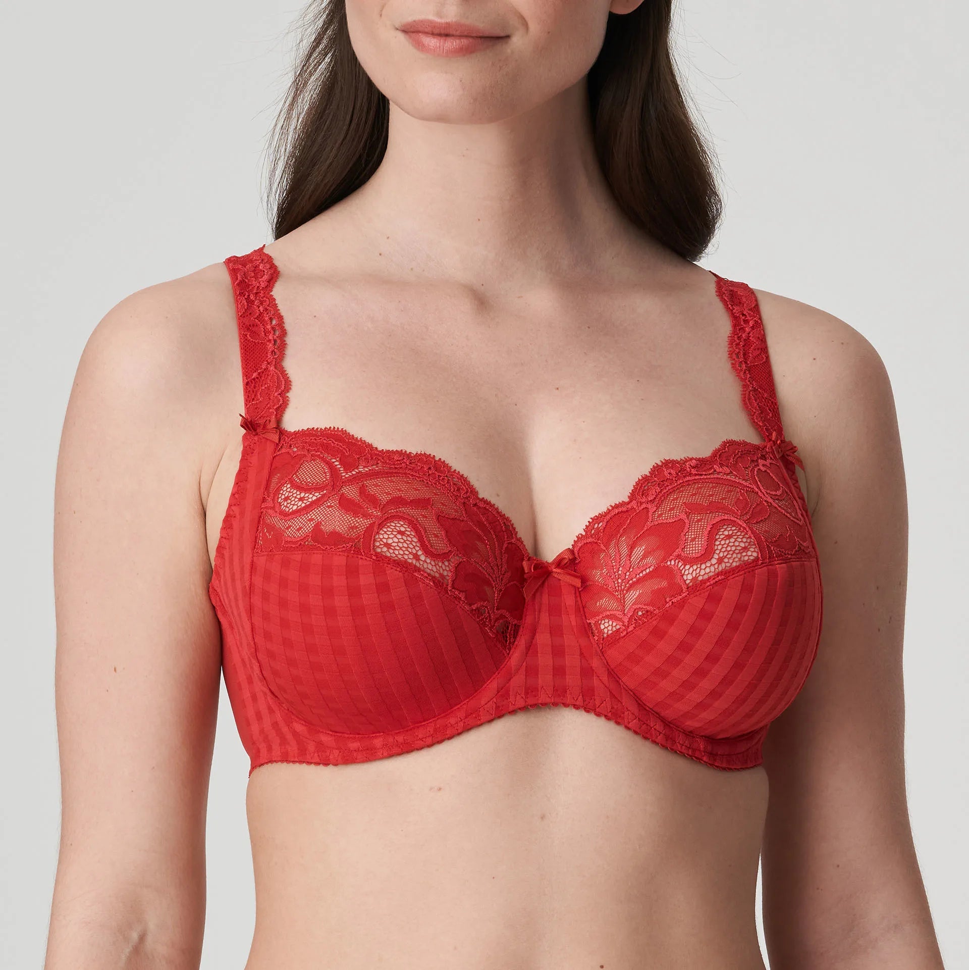 front view of Madison Full Cup Bra Scarlet shown on model with deep cups and gingham lace detail – The Foundation