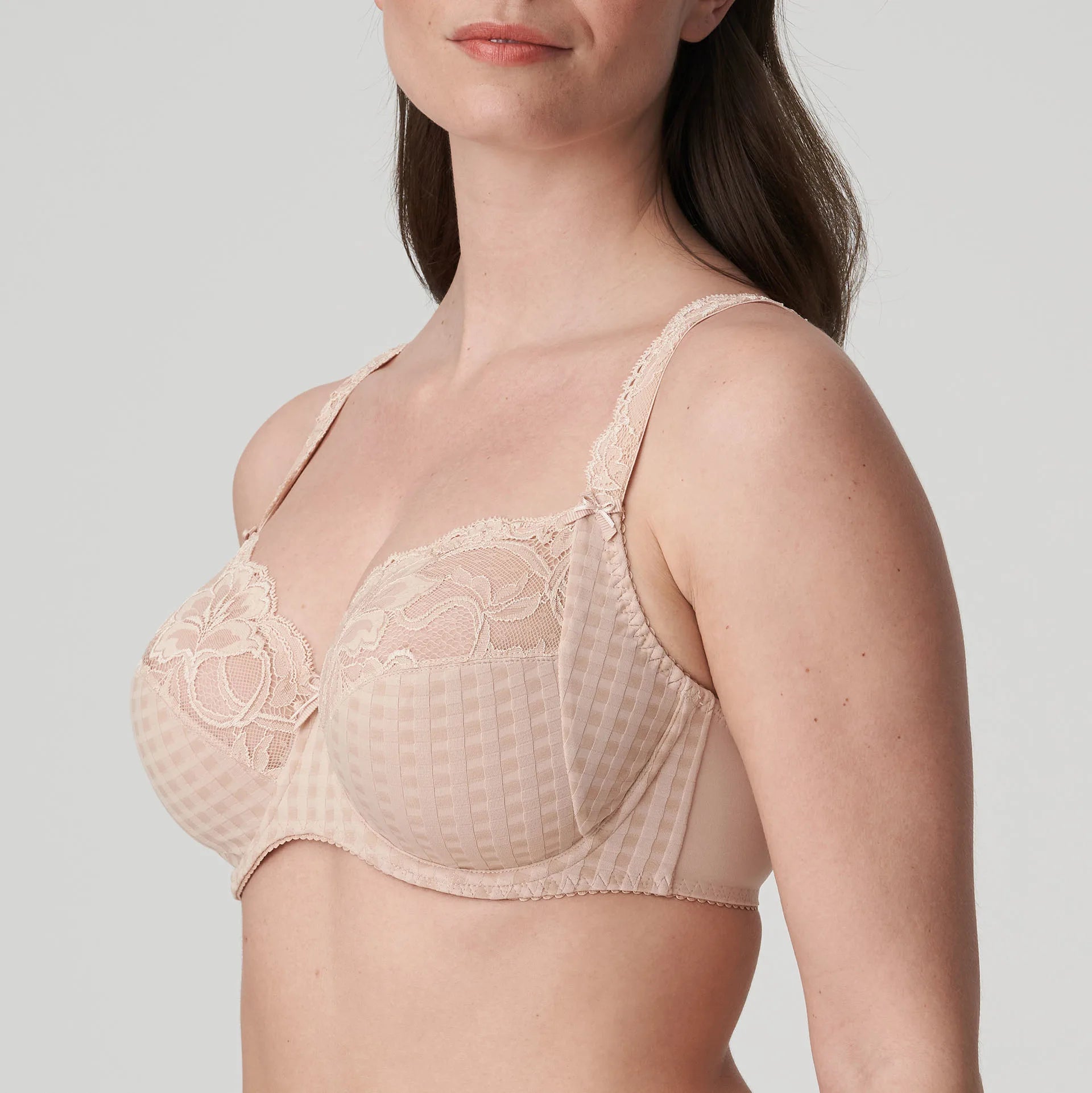 Side view of Madison full cup bra in beige gingham lace—The Foundation