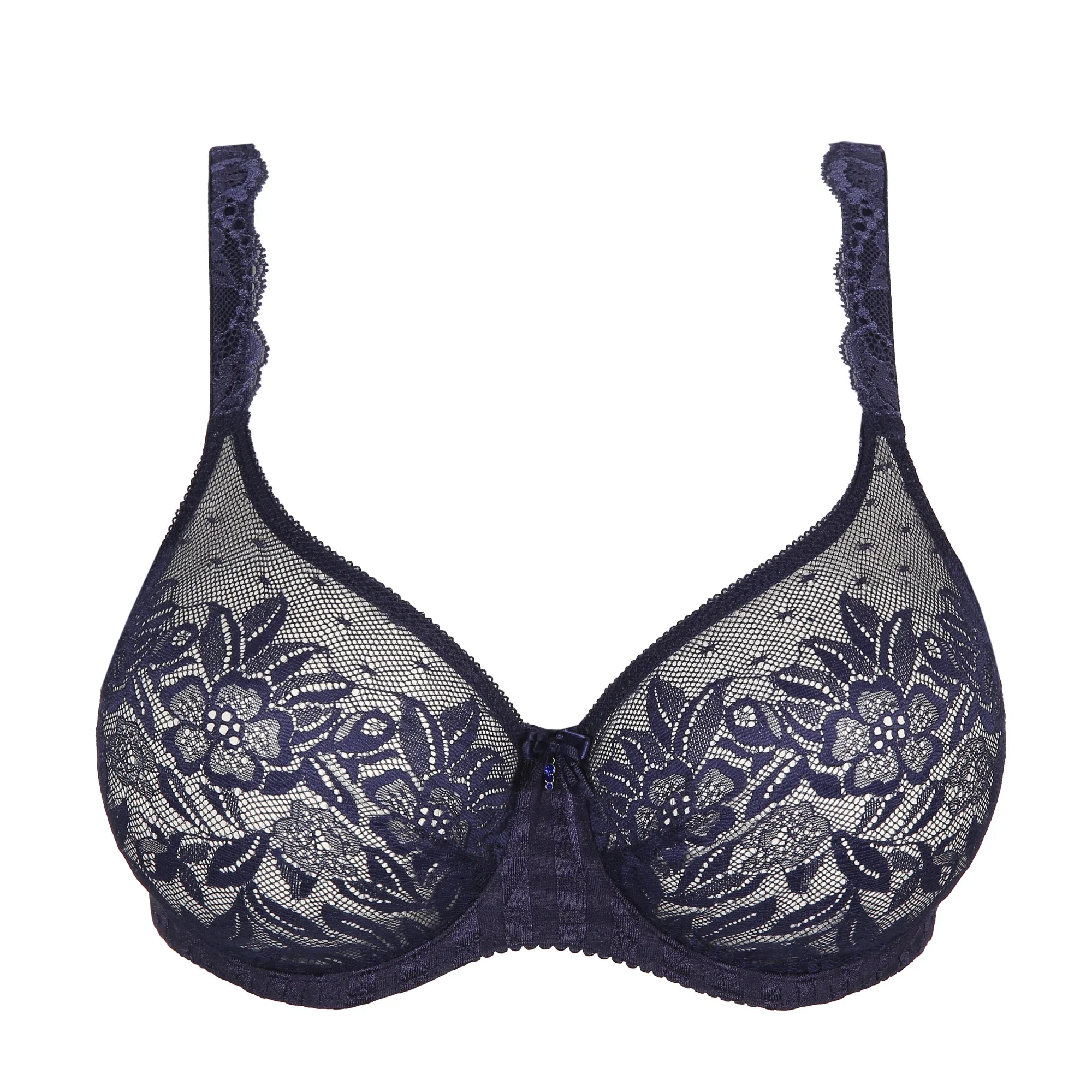 Flat lay of Madison Seamless Full Cup Bra in Blue Bijou showing all-over lace, full cups and embroidery detail.
