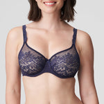 PrimaDonna Madison Seamless Full Cup Bra in Blue Bijou, shown on model with lace overlay and pre-formed seam-free cups.