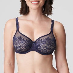PrimaDonna Madison Seamless Full Cup Bra in Blue Bijou, shown on model with lace overlay and pre-formed seam-free cups.