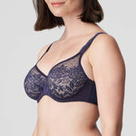 Side view of Madison Full Cup Bra in Blue Bijou highlighting soft lift, full coverage and embroidered straps.