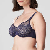 Side view of Madison Full Cup Bra in Blue Bijou highlighting soft lift, full coverage and embroidered straps.