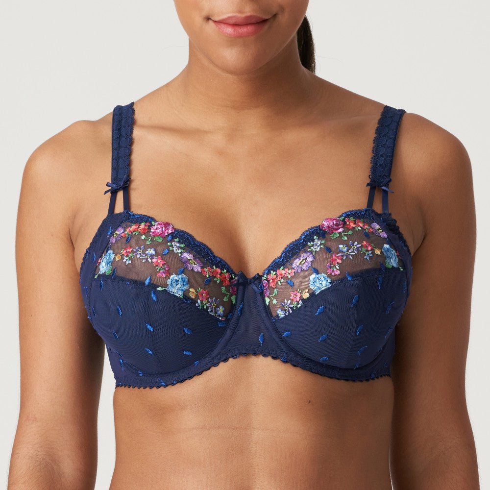 Front view of the PrimaDonna Sedaine Full Cup Bra in Water Blue, floral embroidered bra with navy base.