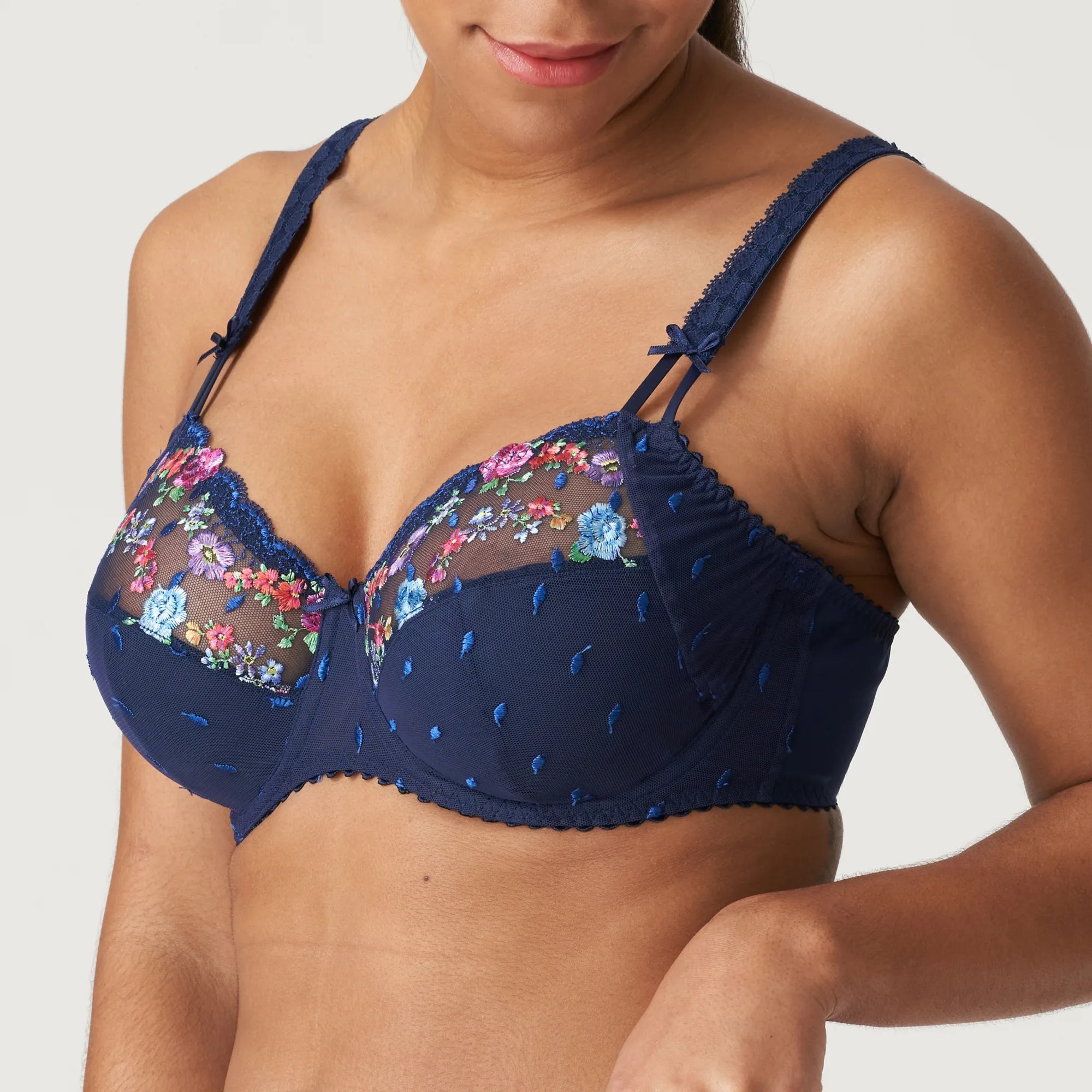 Side view of Sedaine Full Cup Bra by PrimaDonna– bold colour flowers with delicate sheer neckline.