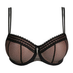 Flat lay of I Want You Contour Bra in Black, highlighting three-part seam cups, lace trim and gold zip detail.