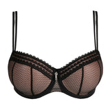 Flat lay of I Want You Contour Bra in Black, highlighting three-part seam cups, lace trim and gold zip detail.