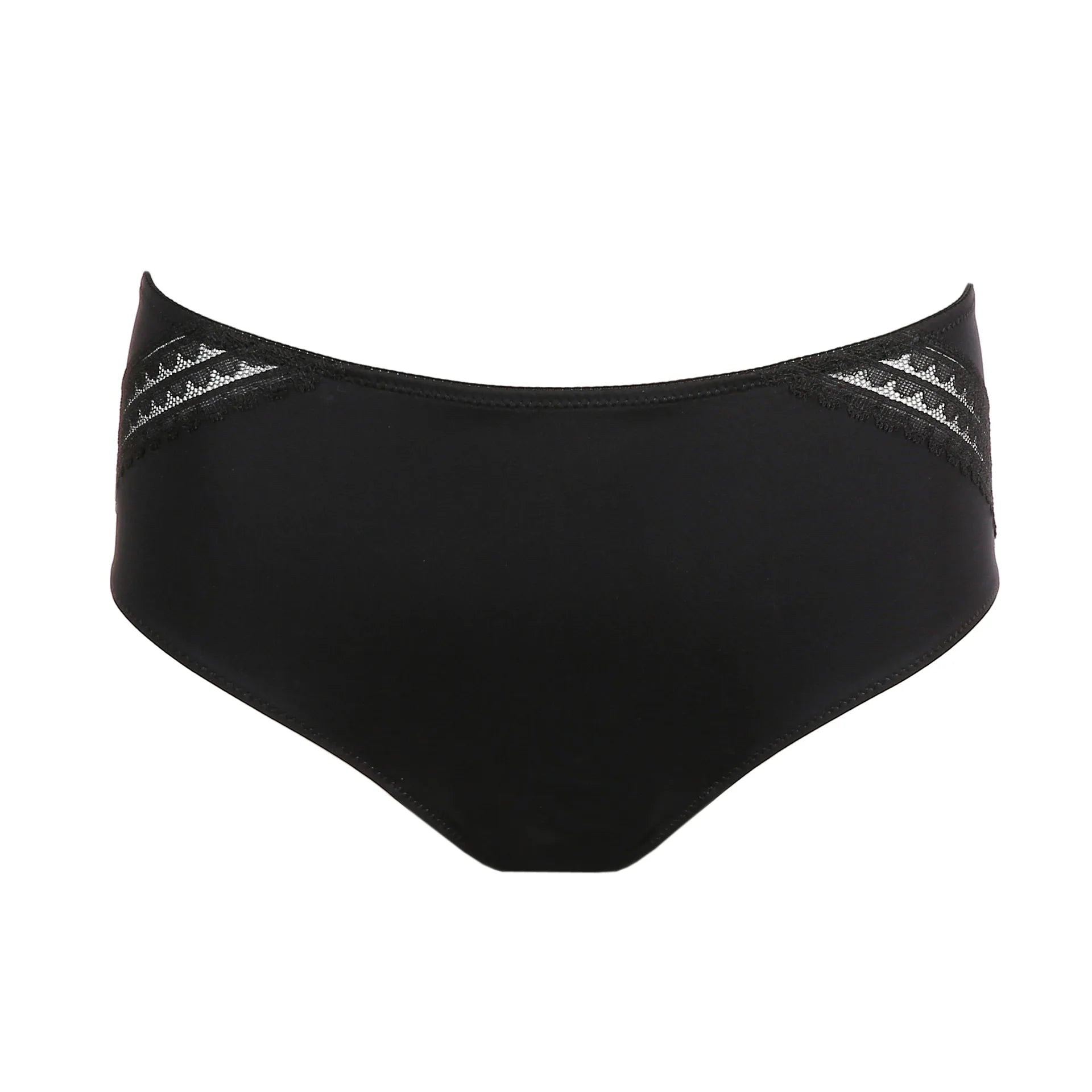 Flat lay of I Want You Full Brief in Black by PrimaDonna, highlighting lace side trim and seamless silhouette.