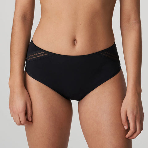 Front view of Model wearing I Want You Full Brief in Black, showcasing a modern high-rise cut with sultry lace and mesh contrast.