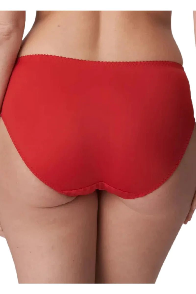 Model in PrimaDonna Madison Full Brief in Scarlet from The Foundation, featuring gingham fabric, lace-trimmed hips, and high-waist full coverage. back view