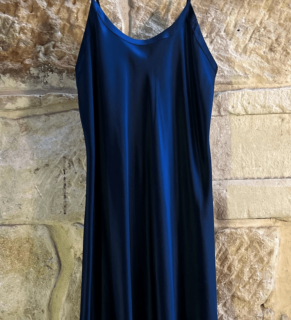 Kelly Chemise in navy Mulberry silk, shown hanging to reveal flattering bias cut and soft drape.