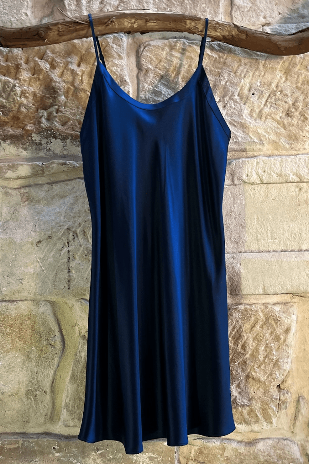 Kelly Chemise in navy Mulberry silk, shown hanging to reveal flattering bias cut and soft drape.