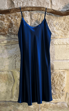 Kelly Chemise in navy Mulberry silk, shown hanging to reveal flattering bias cut and soft drape.