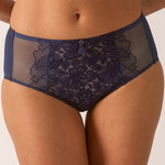 Close-up front view of Agathe Culotte Panty Brief in Cobalt from The Foundation, featuring vintage-inspired embroidery and sheer lace detail.