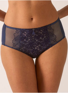 Close-up front view of Agathe Culotte Panty Brief in Cobalt from The Foundation, featuring vintage-inspired embroidery and sheer lace detail.