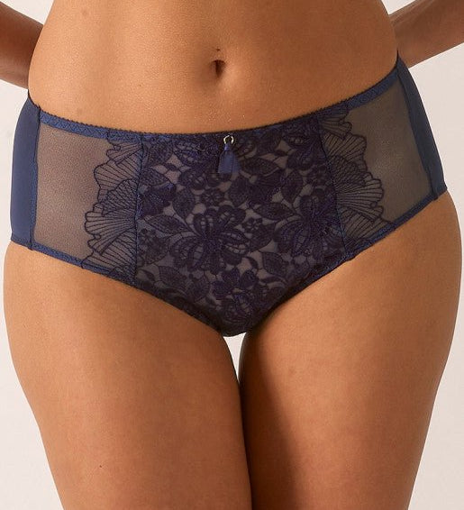 Close-up front view of Agathe Culotte Panty Brief in Cobalt from The Foundation, featuring vintage-inspired embroidery and sheer lace detail.