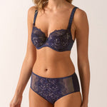 Model wearing Agathe Culotte Panty Brief in Cobalt with matching bra from The Foundation, showcasing full front styling and elegant set look.