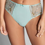 Close-up of Lauren Culotte Panty Brief in Turquoise, highlighting sheer side panels and lace detailing for The Foundation.