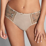 Front view of Empreinte Lauren Culotte Panty Brief in Or Ancien from The Foundation – ivory high-waisted brief with embroidered floral lace