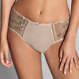 Front view of Empreinte Lauren Culotte Panty Brief in Or Ancien from The Foundation – ivory high-waisted brief with embroidered floral lace