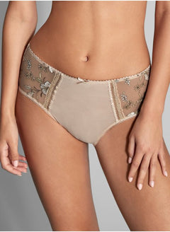 Front view of Empreinte Lauren Culotte Panty Brief in Or Ancien from The Foundation – ivory high-waisted brief with embroidered floral lace