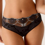 Close up of Empreinte Lilly Rose Culotte Brief in black, featuring sheer floral embroidery and scalloped lace detailing.