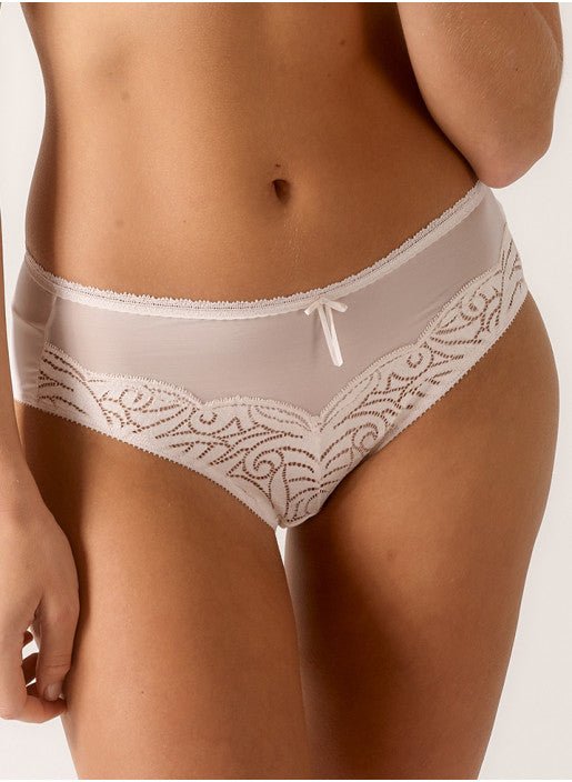 Front view of Verity Culotte Panty Brief in Blush with lace and satin bow – The Foundation