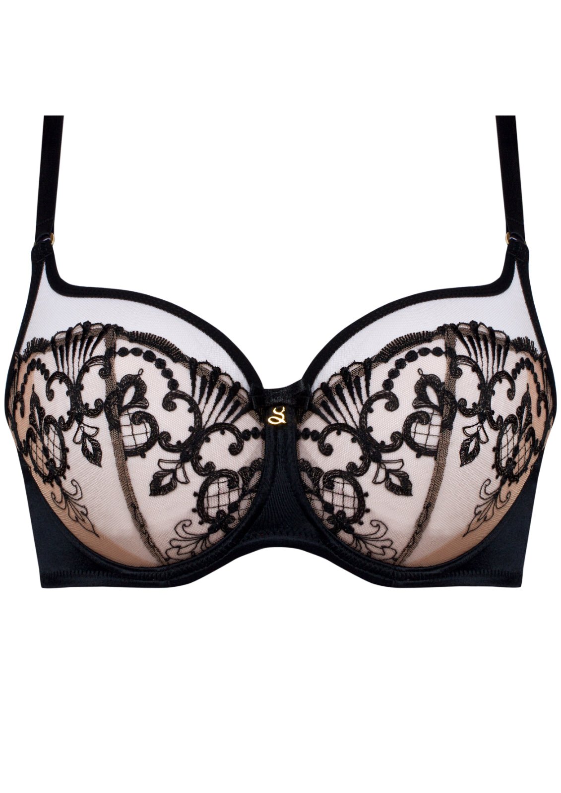 flat layer of Perla High Apex Bra Black – balconette-style support and lace detail – The Foundation