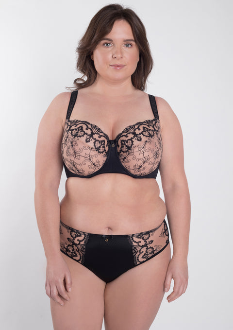 Model in Perla Midi Brief Black paired with Perla Soft High Apex Bra – front view – The Foundation