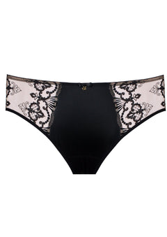 Flat lay of Perla Midi Brief Black – lace front with seamless mesh back – The Foundation