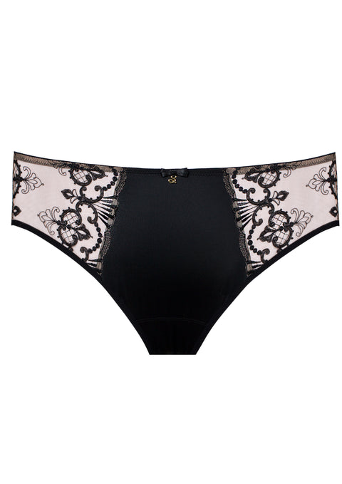 Flat lay of Perla Midi Brief Black – lace front with seamless mesh back – The Foundation